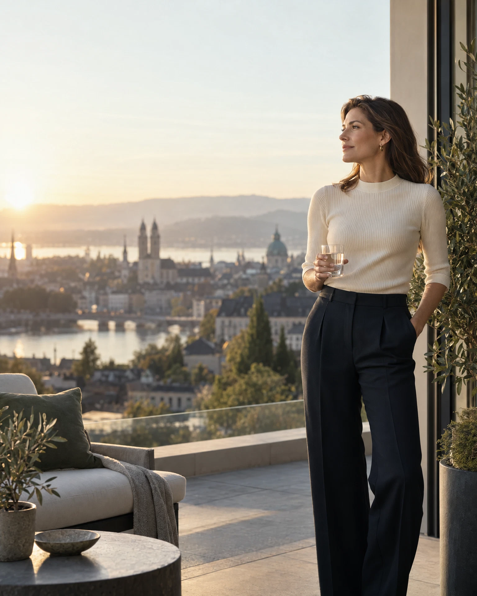 Frau auf einer Terrasse bei Sonnenaufgang mit Wasserglas